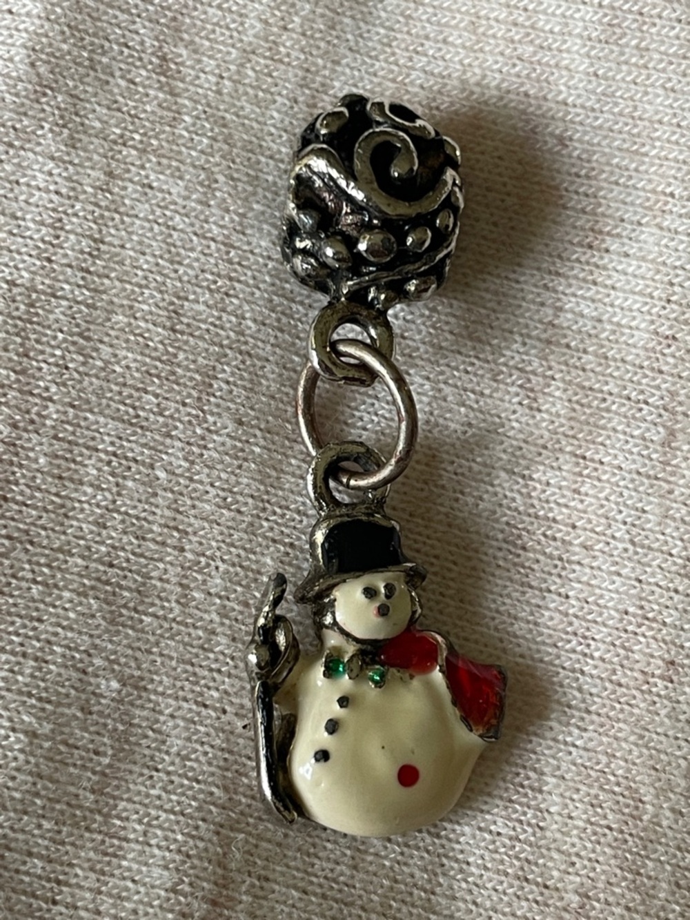 Vintage Enamel Snowman Charm Dangle with Antiqued Silver Bail